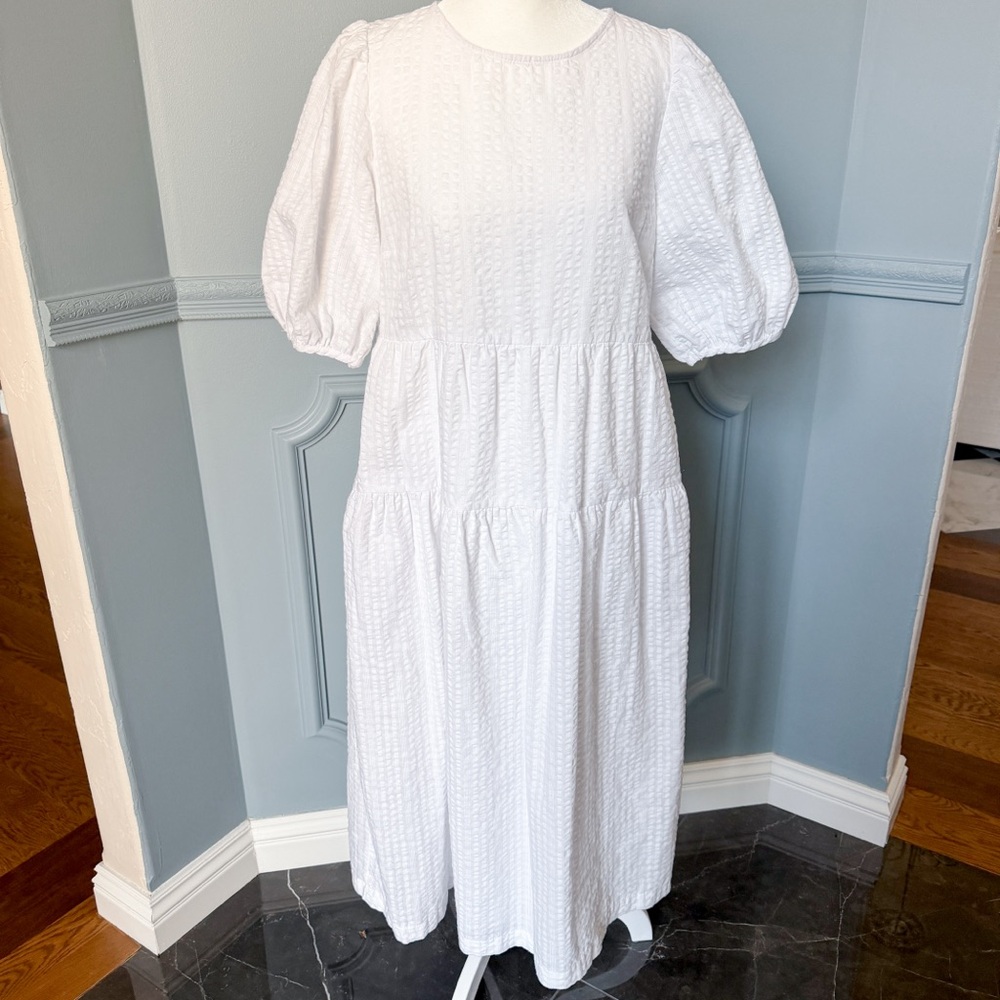 White tiered seersucker midi maxi dress